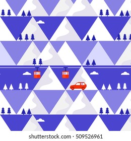 Mountain winter vector background with funicular railway, trees, car and house. Design concept of vacation in the mountains. Template for banner, card, invitation, packaging.