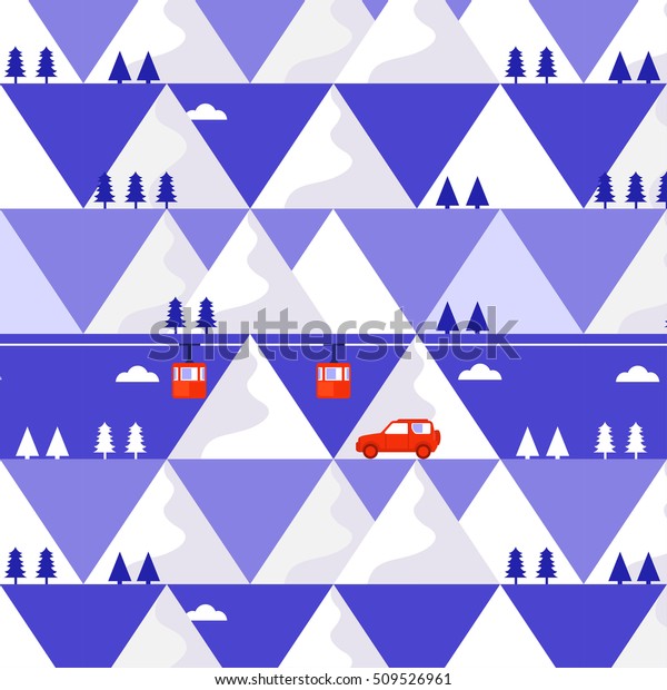 Mountain winter\
vector background with funicular railway, trees, car and house.\
Design concept of vacation in the mountains. Template for banner,\
card, invitation,\
packaging.