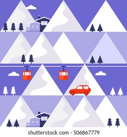 Mountain winter vector seamless pattern with funicular railway, trees, car and house. Design concept of vacation in the mountains. Template for background, banner, card, invitation, packaging.
