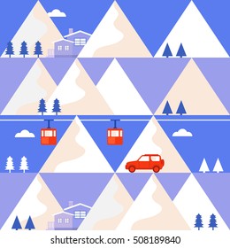 Mountain winter vector seamless pattern with funicular railway, trees, car and house. Design concept of vacation in the mountains. Template for background, banner, card, invitation, packaging.