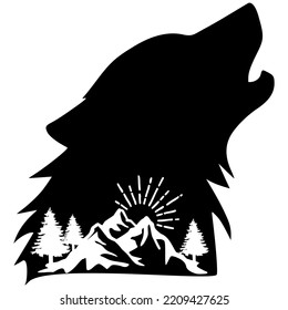 Silueta de lobo de montaña, vector de montaña Wolf