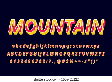 Mountain word and alphabet with 3d look on dark background, retro sign with pop typography style, fancy 3d font and vintage typeface.