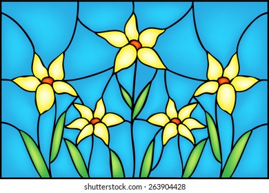 Mountain yellow flowers, floral composition in stained glass window style, vector illustration