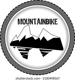 Mountainbike logo, mountain with lake in a mountainbike wheel black on white
vector illustration. mtb