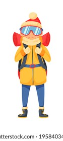 Mountaineer backpacker in winter clothes isolated on white background