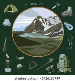 Mountaineer and camper equipment icons
