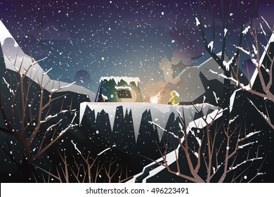 mountaineer camping on hill in deep wood when winter