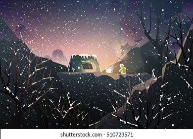 mountaineer camping on hill in deep wood when dusk at winter