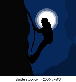 Mountaineer to climb, Man, climbing rock overhang. Silhouette Of A Man Climbing On Rocky MountainMountains
