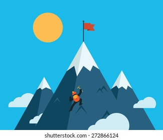 Mountaineer Climb A Snow Mountain. Vector Icon.