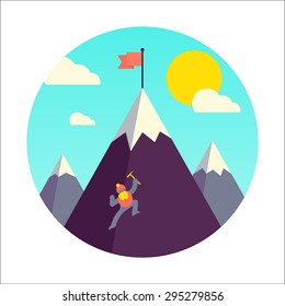 Mountaineer climb a snow mountain. Vector illustration.