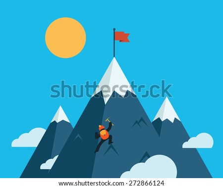 Mountaineer climb a snow mountain. Vector icon.