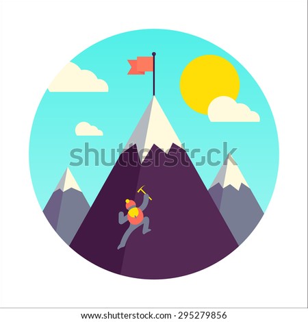 Mountaineer climb a snow mountain. Vector illustration.