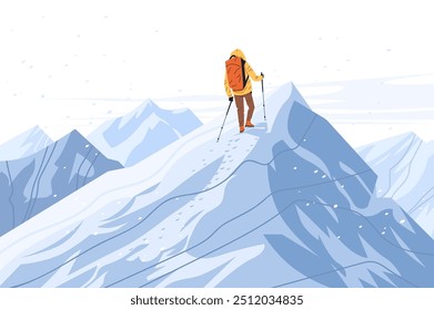 Bergsteiger Bergsteigen Schneeberg mit Trekkingstöcken in der Winterlandschaft Abenteuer Wandern Outdoor-Aktivität