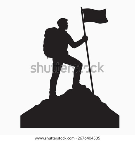 Mountaineer with Flag on a Mountain Peak

