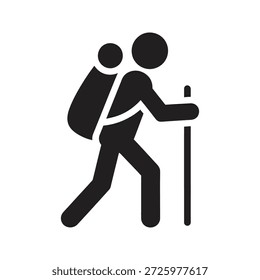 Ícone montanhista escalando encosta com mochila vara para caminhadas expedição trekking aventura e camping viagem uphill caminhada natureza