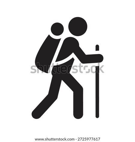 Mountaineer icon climbing slope with backpack stick for hiking expedition trekking adventure and camping journey uphill walk nature