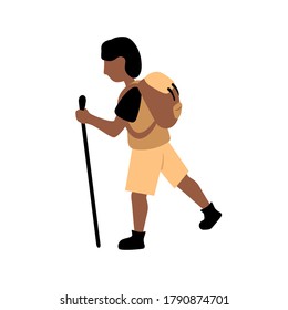 Mountaineer man with backpack and stick, vector illustration on white background. Trekking or hiking concept. Sole man travelling alone. Backpacker icon. Outdoor sport activity. Hiker character mascot