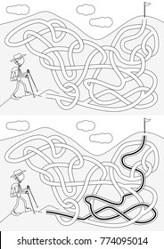 Mountaineer maze for kids with a solution in black and white