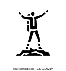 mountaineer on the top adventure glyph icon vector. mountaineer on the top adventure sign. isolated symbol illustration