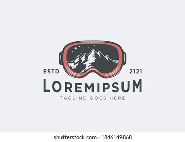 Mountaineer Snowboarding Goggle - Snowboarding Goggle sport Logo Vector Template. Illustration of Goggle Glass with Focus on Snowy Mountain Landscape Scenery.