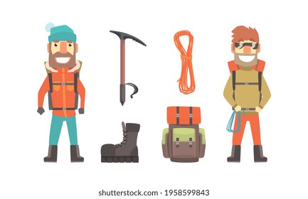 Mountaineering Adventure, Alpinism Set, Mountain Climbers and Equipment for Climbing Cartoon Vector Illustration