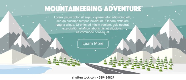 Mountaineering adventure. Alps, fir trees, lake, mountains wide panoramic background. Winter web banner design. Vector high mountains, winter wide landscape.