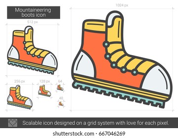 Mountaineering boots vector line icon isolated on white background. Mountaineering boots line icon for infographic, website or app. Scalable icon designed on a grid system.