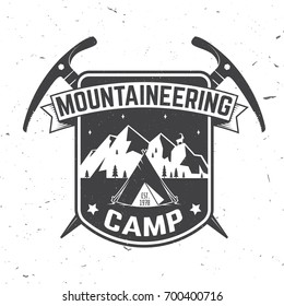 Mountaineering camp badge. Vector illustration. Concept for alpine club shirt or logo, print, stamp or tee. Vintage typography design with ice axe, camping and mountain silhouette. Outdoors adventure