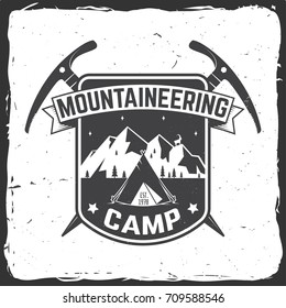 Mountaineering camp badge. Vector illustration. Concept for alpine club shirt or logo, print, stamp or tee. Vintage typography design with ice axe, camping and mountain silhouette. Outdoors adventure 