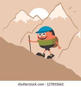 Mountaineering: Cartoon Character climbing mountain slope. No transparency and gradients used.