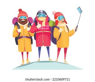 Mountaineering cartoon composition with four happy mount climbers taking selfie on top vector illustration