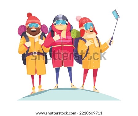 Mountaineering cartoon composition with four happy mount climbers taking selfie on top vector illustration