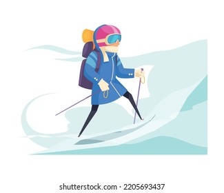 Mountaineering cartoon composition with cartoon mountain climber in snow vector illustration