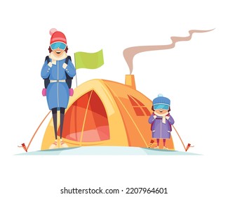 Mountaineering cartoon concept with happy mum and child mount climbers near tent vector illustration