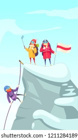 Mountaineering cartoon picture with mountain climbers ascending rock peak and making selfie on the top vector illustration