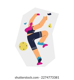 Mountaineering and clambering sport workout on artificial rocks, flat cartoon vector illustration. Sportive woman training on fitness climbing simulator.