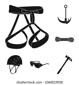 Mountaineering and climbing black icons in set collection for design. Equipment and accessories vector symbol stock web illustration.