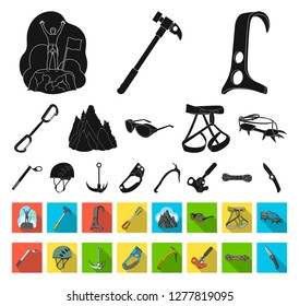 Mountaineering and climbing black,flat icons in set collection for design. Equipment and accessories vector symbol stock web illustration.