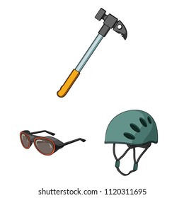 Mountaineering and climbing cartoon icons in set collection for design. Equipment and accessories vector symbol stock web illustration.