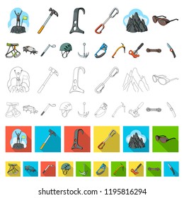 Mountaineering and climbing cartoon icons in set collection for design. Equipment and accessories vector symbol stock web illustration.