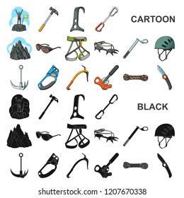 Mountaineering and climbing cartoon icons in set collection for design. Equipment and accessories vector symbol stock web illustration.