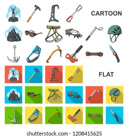 Mountaineering and climbing cartoon icons in set collection for design. Equipment and accessories vector symbol stock web illustration.