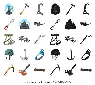 Mountaineering and climbing cartoon,black icons in set collection for design. Equipment and accessories vector symbol stock web illustration.