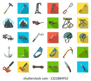 Mountaineering and climbing cartoon,flat icons in set collection for design. Equipment and accessories vector symbol stock web illustration.