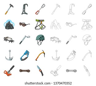 Mountaineering and climbing cartoon,outline icons in set collection for design. Equipment and accessories vector symbol stock web illustration.