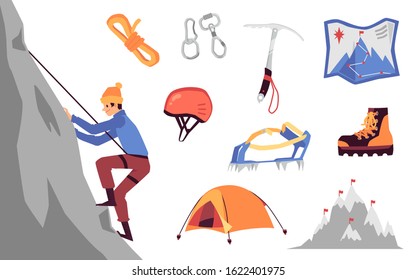 Mountaineering and climbing equipment and character set, flat cartoon vector illustration isolated on white background. Adventure and extreme tourism collection.
