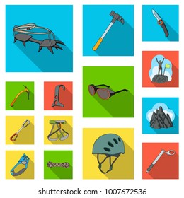 Mountaineering and climbing flat icons in set collection for design. Equipment and accessories vector symbol stock web illustration.