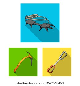 Mountaineering and climbing flat icons in set collection for design. Equipment and accessories vector symbol stock web illustration.