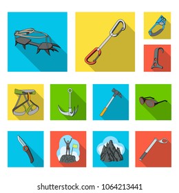 Mountaineering and climbing flat icons in set collection for design. Equipment and accessories vector symbol stock web illustration.